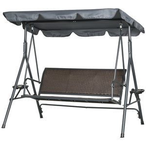 3 Seater Swing Chair, Garden Swing Seat Bench with Adjustable Canopy, Rattan Seat and Steel Frame for Patio, Yard, Dark Grey