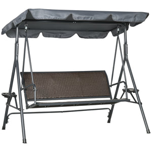 3 Seater Swing Chair, Garden Swing Seat Bench with Adjustable Canopy, Rattan Seat and Steel Frame for Patio, Yard, Dark Grey