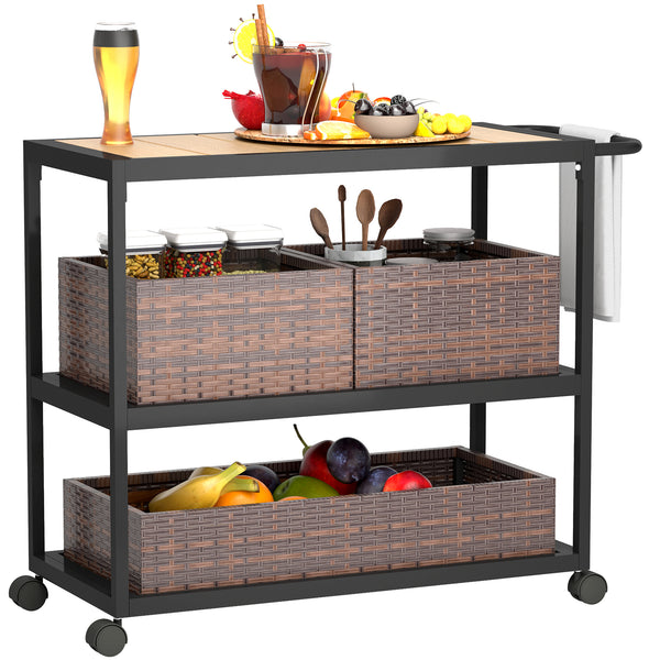 Outdoor Bar Cart with Side Handle, 3-Tier Rolling Cart on Wheels with Wood Grain Top, Steel Frame and Removable Rattan Basket for Porch, Backyard, Garden, Mixed-Brown