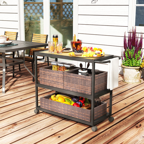 Outdoor Bar Cart with Side Handle, 3-Tier Rolling Cart on Wheels with Wood Grain Top, Steel Frame and Removable Rattan Basket for Porch, Backyard, Garden, Mixed-Brown