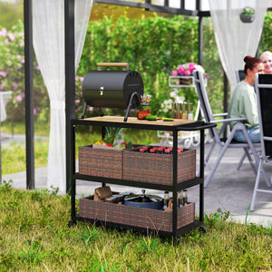 Outdoor Bar Cart with Side Handle, 3-Tier Rolling Cart on Wheels with Wood Grain Top, Steel Frame and Removable Rattan Basket for Porch, Backyard, Garden, Mixed-Brown