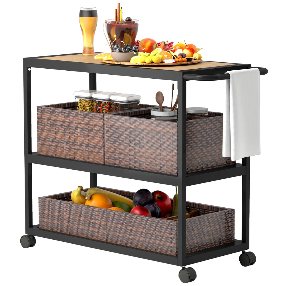 Outdoor Bar Cart with Side Handle, 3-Tier Rolling Cart on Wheels with Wood Grain Top, Steel Frame and Removable Rattan Basket for Porch, Backyard, Garden, Mixed-Brown
