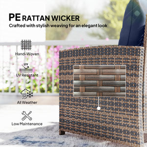 5 Piece Patio Furniture Set, Wicker Patio Chairs with Ottomans, 2-Tier Glass Coffee Table, Cushions, Outdoor Patio Furniture Conversation Set for Balcony, Brown/Dark Blue