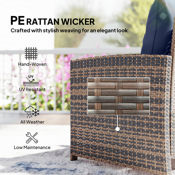 5 Piece Patio Furniture Set, Wicker Patio Chairs with Ottomans, 2-Tier Glass Coffee Table, Cushions, Outdoor Patio Furniture Conversation Set for Balcony, Brown/Dark Blue