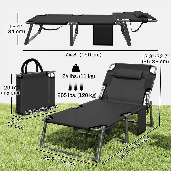 Lounge Chair Outdoor Set of 2, 75 cm Wide Folding Chaise Lounge Tanning Chair, 5-Position Beach Patio Lounger Camping Cot Bed with Cushion, Side Pocket, Dark Grey