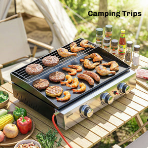 3 Burner Grill Griddle, Portable Gas Plancha with Warming Rack, 7.5 kW, Tabletop Gas BBQ with Grease Cup for Camping Picnic Patios, Black