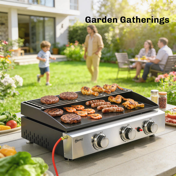 3 Burner Grill Griddle, Portable Gas Plancha with Warming Rack, 7.5 kW, Tabletop Gas BBQ with Grease Cup for Camping Picnic Patios, Black