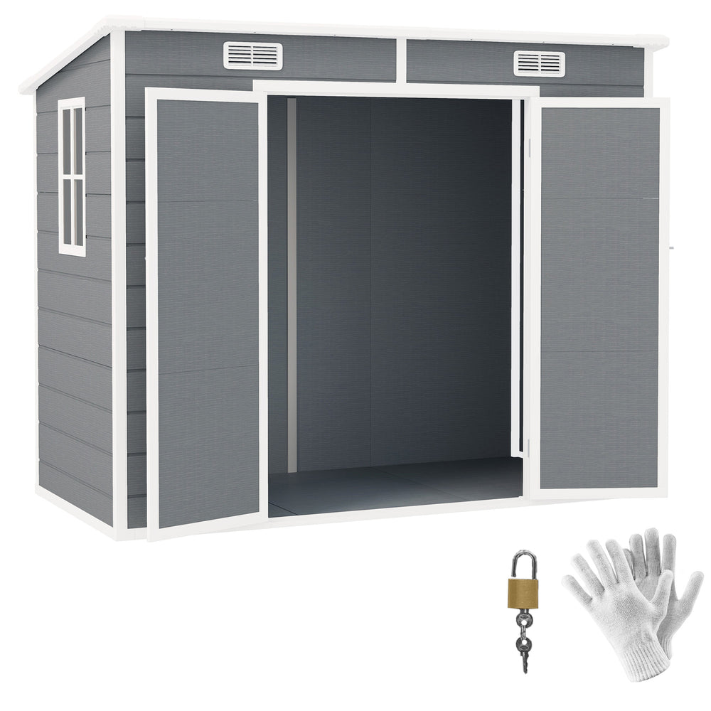 Outsunny 8' x 4' Outdoor Storage Shed, Resin Plastic Shed with Floor, Window, Lockable Doors and Vents, All-Weather Tool Shed for Backyard, Patio, Lawn, Gray