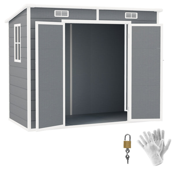 Outsunny 8' x 4' Outdoor Storage Shed, Resin Plastic Shed with Floor, Window, Lockable Doors and Vents, All-Weather Tool Shed for Backyard, Patio, Lawn, Gray