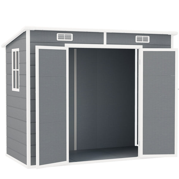 Outsunny 8' x 4' Outdoor Storage Shed, Resin Plastic Shed with Floor, Window, Lockable Doors and Vents, All-Weather Tool Shed for Backyard, Patio, Lawn, Gray