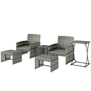 6 Piece Rattan Garden Furniture Set, Space-Saving Patio Furniture Conversation Set with 2 Nesting Tables, 2 Chairs, 2 Footstools, Wicker Outdoor Sofa with Cushions for Balcony Porch, Grey