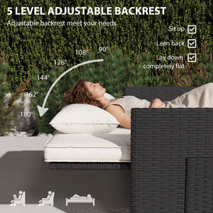 Rattan Garden Daybed, Assembled Double Sun Lounger with 5-Level Adjustable Back, Storage Ottoman, Cushions, Pillows and Retractable Trays, Outdoor Loveseat Sofa Bed for Patio, Cream White