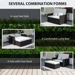 Rattan Garden Daybed, Assembled Double Sun Lounger with 5-Level Adjustable Back, Storage Ottoman, Cushions, Pillows and Retractable Trays, Outdoor Loveseat Sofa Bed for Patio, Cream White