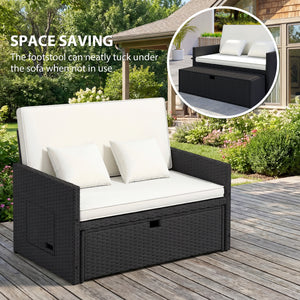 Rattan Garden Daybed, Assembled Double Sun Lounger with 5-Level Adjustable Back, Storage Ottoman, Cushions, Pillows and Retractable Trays, Outdoor Loveseat Sofa Bed for Patio, Cream White