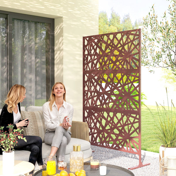Metal Outdoor Privacy Screen, 78" x 48" Freestanding Outdoor Divider with Stand, Decorative Privacy Panel with Labyrinth Cut-out Design for Garden Patio, Dark Brown