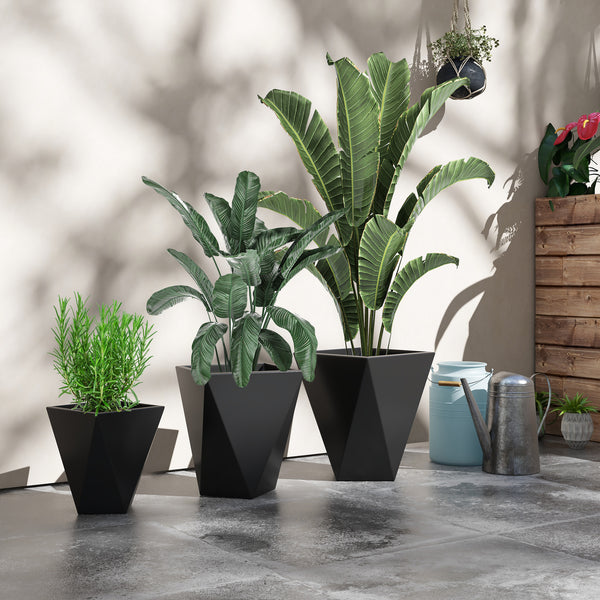 Outsunny Set of 3 Tall Planters, 18", 15.25", 11.75", MgO Indoor Outdoor Planters with Drainage Holes, Stackable Flower Pots for Garden, Patio, Balcony, Front Door, Black