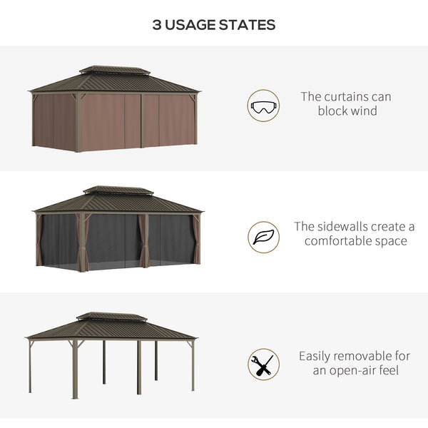 Outsunny 12' x 20' Hardtop Gazebo with Curtains and Netting, Permanent Pavilion Metal Double Roof Gazebo Canopy with Aluminum Frame and Hooks, for Garden, Patio, Backyard, Brown