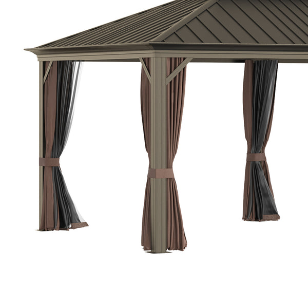 Outsunny 12' x 20' Hardtop Gazebo with Curtains and Netting, Permanent Pavilion Metal Double Roof Gazebo Canopy with Aluminum Frame and Hooks, for Garden, Patio, Backyard, Brown