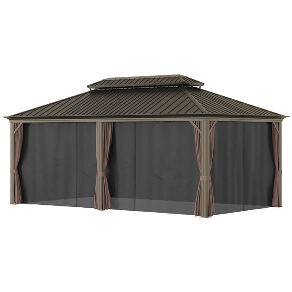 Outsunny 12' x 20' Hardtop Gazebo with Curtains and Netting, Permanent Pavilion Metal Double Roof Gazebo Canopy with Aluminum Frame and Hooks, for Garden, Patio, Backyard, Brown