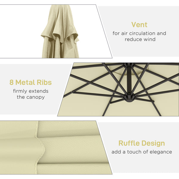10' Deluxe Patio Umbrella, Outdoor Market Parasol, Banana Hanging Offset Sunshade with Crank, Cross Base, Beige