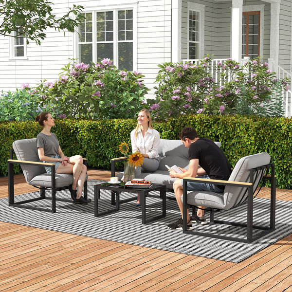 4 Piece Patio Furniture Set, Outdoor Loveseat Sofa Set with Thick Cushions and Coffee Table, Patio Conversation Set for Porch, Balcony, Deck, Light Grey