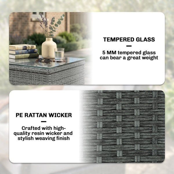 3 Pieces Rattan Bistro Set, Wicker Garden Furniture Set with Metal Frame, Cover, Glass Top Coffee Table, Chairs and Cushions for Outdoor, Patio, Balcony, Light Grey