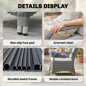 3 Pieces Rattan Bistro Set, Wicker Garden Furniture Set with Metal Frame, Cover, Glass Top Coffee Table, Chairs and Cushions for Outdoor, Patio, Balcony, Light Grey