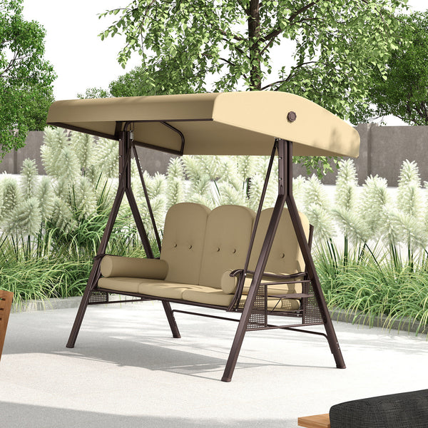 3 Seater Canopy Swing Chair, Outdoor Garden Swing Seat with Adjustable Canopy, Cushions and Cup Trays, Steel Frame, Brown