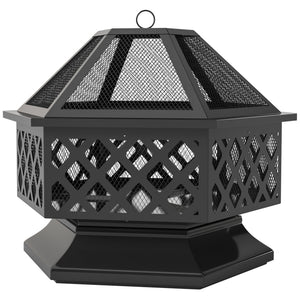 28" Outdoor Fire Pit Grill, Portable Wood Burning Firepit for Outside with Cooking Grate, Fire Poker, Spark Screen Lid, Steel Hexagon Fireplace for Patio Bonfire Backyard BBQ Camping Picnic