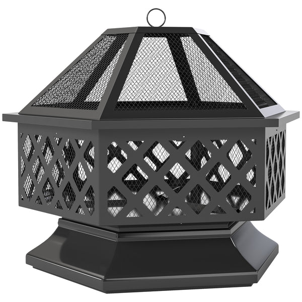 28" Outdoor Fire Pit Grill, Portable Wood Burning Firepit for Outside with Cooking Grate, Fire Poker, Spark Screen Lid, Steel Hexagon Fireplace for Patio Bonfire Backyard BBQ Camping Picnic