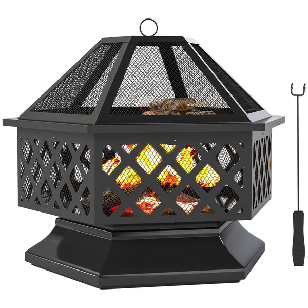 28" Outdoor Fire Pit Grill, Portable Wood Burning Firepit for Outside with Cooking Grate, Fire Poker, Spark Screen Lid, Steel Hexagon Fireplace for Patio Bonfire Backyard BBQ Camping Picnic