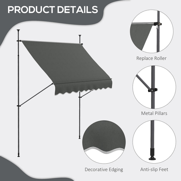 Outsunny Manual Retractable Awning, 99" Non-Screw Patio Sun Shade Shelter with Support Pole Stand and UV Resistant Fabric, for Window, Door, Porch, Deck, Dark Gray