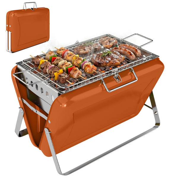 Portable BBQ Grill, Folding Charcoal Barbecue Grill with Handle and Foldable Legs for Camping Garden Outdoor Cooking, Orange