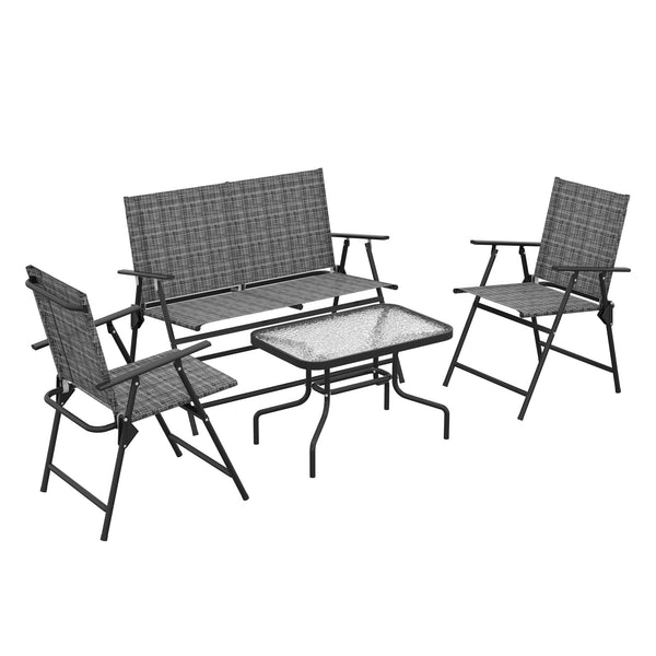 Outdoor 4 Pieces Patio Furniture Set with Foldable Armchairs and Loveseat, Small Patio Coffee Set with Glass Top Table for Backyard Lawn Porch Garden Balcony, Mixed Grey