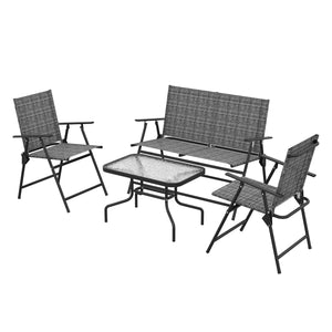 Outdoor 4 Pieces Patio Furniture Set with Foldable Armchairs and Loveseat, Small Patio Coffee Set with Glass Top Table for Backyard Lawn Porch Garden Balcony, Mixed Grey