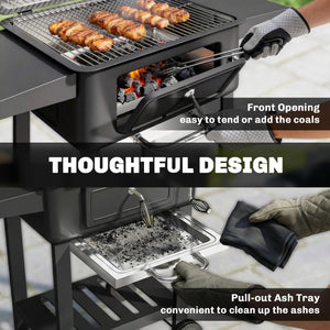 Charcoal BBQ Grill with Adjustable Charcoal Pan, Large Barbecue Grill Smoker with Warming Rack, Side Tables, Chimney, Vents, Wheels and Temperature Gauge, Portable for Outdoor Cooking, Black