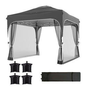 10 x 10 ft Pop Up Canopy Tent with Mosquito Netting, UPF 50+ Central Lock Easy Setup Outdoor Party Tent Instant Canopy with 4 Sandbags, Carry Bag, Dark Grey
