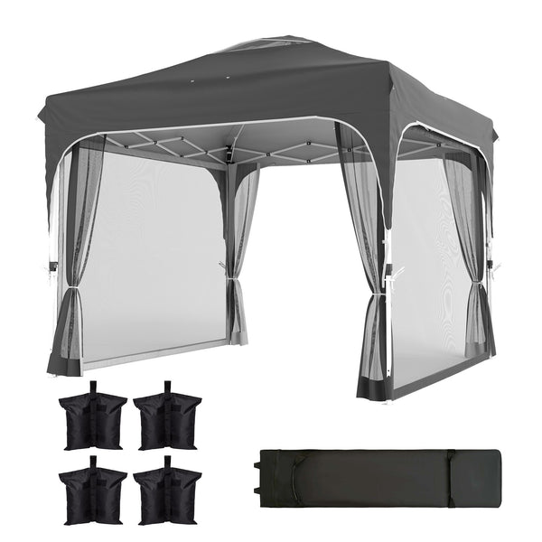 10 x 10 ft Pop Up Canopy Tent with Mosquito Netting, UPF 50+ Central Lock Easy Setup Outdoor Party Tent Instant Canopy with 4 Sandbags, Carry Bag, Dark Grey