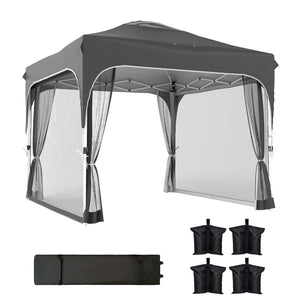 10 x 10 ft Pop Up Canopy Tent with Mosquito Netting, UPF 50+ Central Lock Easy Setup Outdoor Party Tent Instant Canopy with 4 Sandbags, Carry Bag, Dark Grey