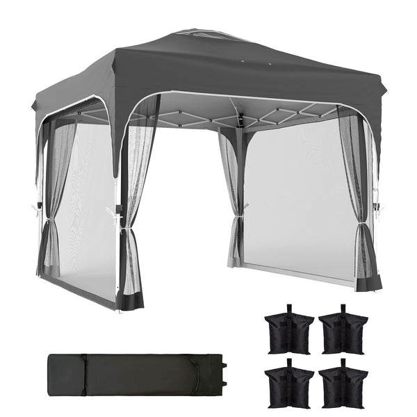 10 x 10 ft Pop Up Canopy Tent with Mosquito Netting, UPF 50+ Central Lock Easy Setup Outdoor Party Tent Instant Canopy with 4 Sandbags, Carry Bag, Dark Grey