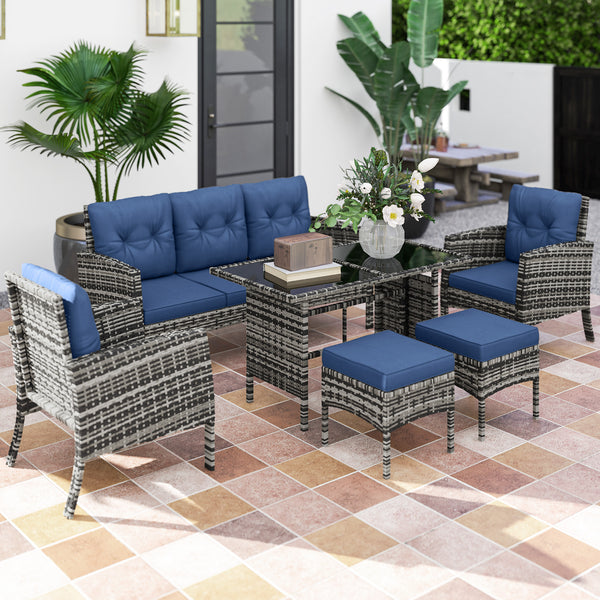 6 Piece Patio Furniture Set with Patio Chairs, Ottomans, Sofa, Glass Top Table and Cushions, Wicker Rattan Outdoor Furniture Set for Backyard, Porch, Navy Blue