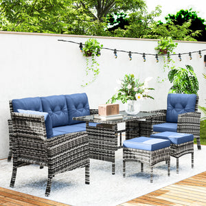 6 Piece Patio Furniture Set with Patio Chairs, Ottomans, Sofa, Glass Top Table and Cushions, Wicker Rattan Outdoor Furniture Set for Backyard, Porch, Navy Blue