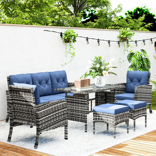 6 Piece Patio Furniture Set with Patio Chairs, Ottomans, Sofa, Glass Top Table and Cushions, Wicker Rattan Outdoor Furniture Set for Backyard, Porch, Navy Blue