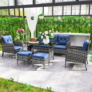 6 Piece Patio Furniture Set with Patio Chairs, Ottomans, Sofa, Glass Top Table and Cushions, Wicker Rattan Outdoor Furniture Set for Backyard, Porch, Navy Blue