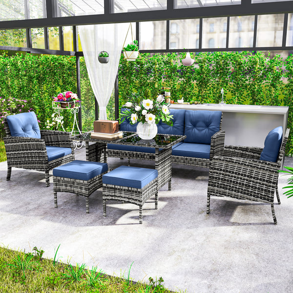 6 Piece Patio Furniture Set with Patio Chairs, Ottomans, Sofa, Glass Top Table and Cushions, Wicker Rattan Outdoor Furniture Set for Backyard, Porch, Navy Blue
