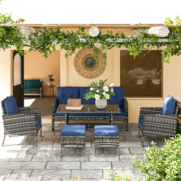 6 Piece Patio Furniture Set with Patio Chairs, Ottomans, Sofa, Glass Top Table and Cushions, Wicker Rattan Outdoor Furniture Set for Backyard, Porch, Navy Blue