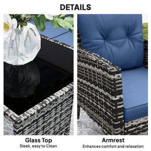6 Piece Patio Furniture Set with Patio Chairs, Ottomans, Sofa, Glass Top Table and Cushions, Wicker Rattan Outdoor Furniture Set for Backyard, Porch, Navy Blue