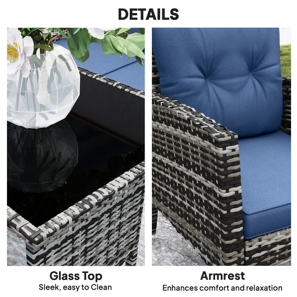 6 Piece Patio Furniture Set with Patio Chairs, Ottomans, Sofa, Glass Top Table and Cushions, Wicker Rattan Outdoor Furniture Set for Backyard, Porch, Navy Blue