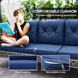 6 Piece Patio Furniture Set with Patio Chairs, Ottomans, Sofa, Glass Top Table and Cushions, Wicker Rattan Outdoor Furniture Set for Backyard, Porch, Navy Blue