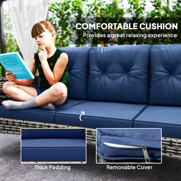 6 Piece Patio Furniture Set with Patio Chairs, Ottomans, Sofa, Glass Top Table and Cushions, Wicker Rattan Outdoor Furniture Set for Backyard, Porch, Navy Blue
